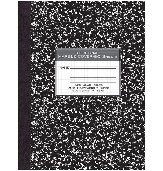 Black Marble Composition Book, 80 Sheets, 160 Pages, Printed, Sewn/Tapebound, Both Side Ruling Surface, 20 lb Basis Weight, 10 1/4