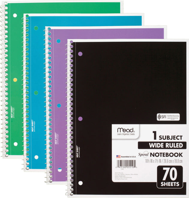 1 Subject Wide Ruled Spiral Notebook, 70 Sheets, 140 Pages, Spiral Bound, 3 Hole(s), 10 1/2