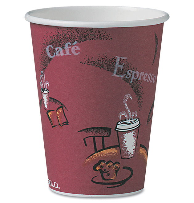 Paper Hot Drink Cups in Bistro Design, 12 oz, Maroon, 300/Carton