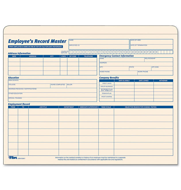 Employee Record Master File Jacket, Straight Tab, Letter Size, Manila, 15/Pack