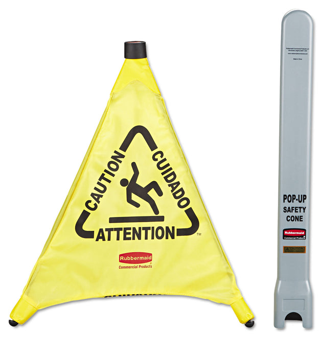 Multilingual Pop-Up Safety Cone, 3-Sided, Fabric, 21 x 21 x 20, Yellow