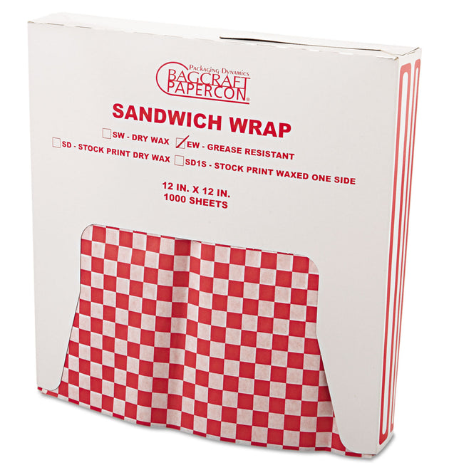 Grease-Resistant Paper Wraps and Liners, 12 x 12, Red Check, 1,000/Box, 5 Boxes/Carton