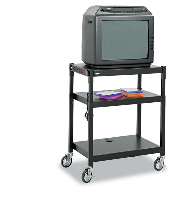 Adjustable-Height Steel AV Cart, Metal, 3 Shelves, (5) AC Outlets, 120 lb Capacity, 27.25