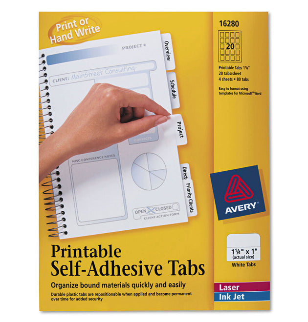 Printable Plastic Tabs with Repositionable Adhesive, 1/5-Cut, White, 1.25