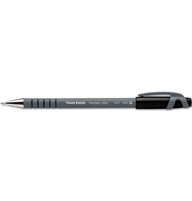 FlexGrip Ultra Recycled Ballpoint Pen, Stick, Fine 0.8 mm, Black Ink, Gray Barrel, Dozen