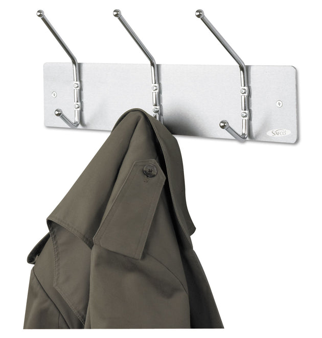 Metal Wall Rack, Three Ball-Tipped Double-Hooks, Metal, 18w x 3.75d x 7h, Satin