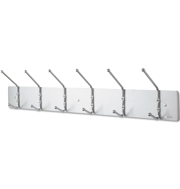 Metal Wall Rack, Six Ball-Tipped Double-Hooks, Metal, 36w x 3.75d x 7h, Satin