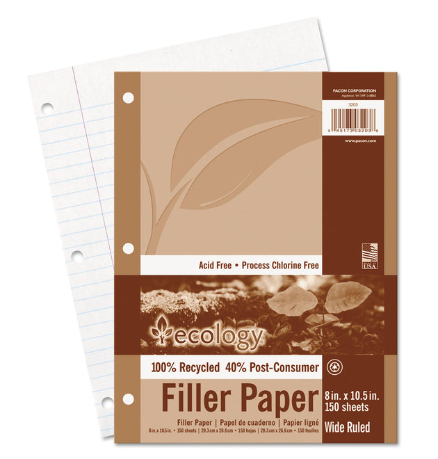 Ecology Filler Paper, 3-Hole, 8 x 10.5, Wide/Legal Rule, 150/Pack