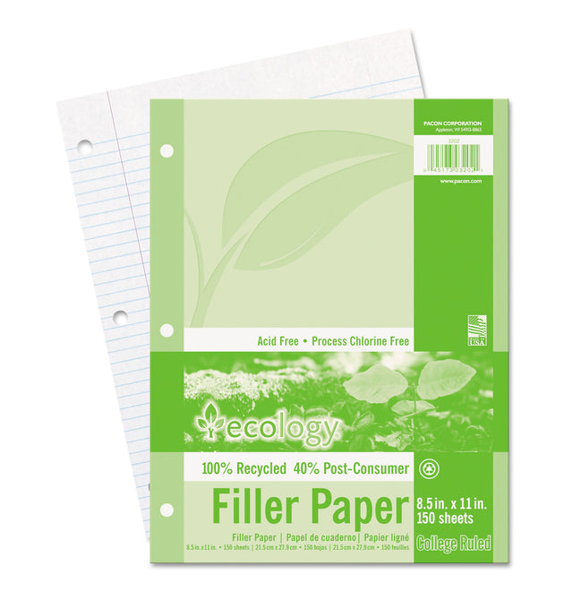 Ecology Filler Paper, 3-Hole, 8.5 x 11, Medium/College Rule, 150/Pack