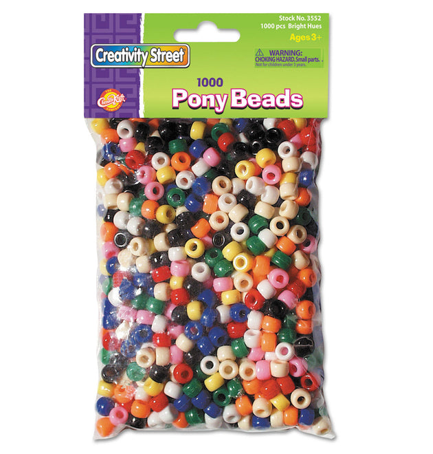 Pony Beads, Plastic, 6 mm x 9 mm, Assorted Primary Colors, 1,000/Set