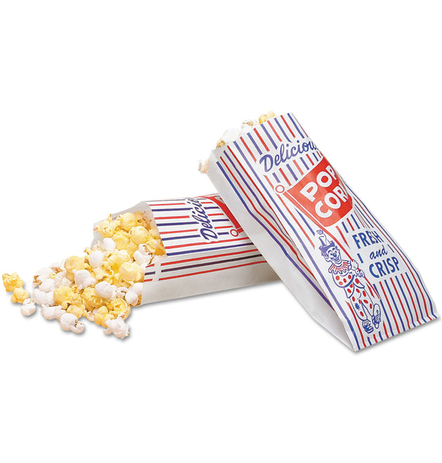 Pinch-Bottom Paper Popcorn Bag, 4 x 1.5 x 8, Blue/Red/White, Paper, 1,000/Carton