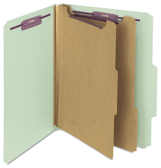 Pressboard Classification Folders, Six SafeSHIELD Fasteners, 2/5-Cut Tabs, 2 Dividers, Letter Size, Gray-Green, 10/Box