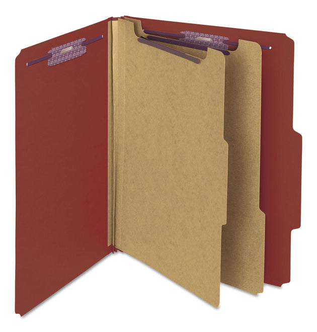 Pressboard Classification Folders, Six SafeSHIELD Fasteners, 2/5-Cut Tabs, 2 Dividers, Letter Size, Red, 10/Box