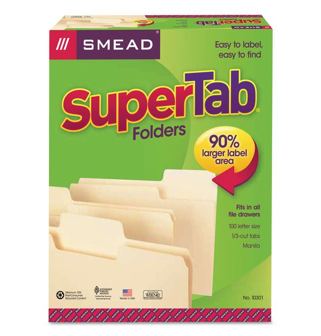 SuperTab Top Tab File Folders, 1/3-Cut Tabs: Assorted, Letter Size, 0.75