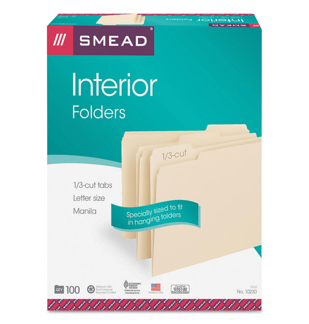 Interior File Folders, 1/3-Cut Tabs: Assorted, Letter Size, 0.75