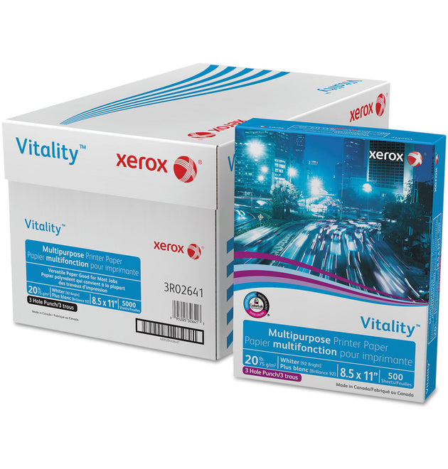 Vitality Multipurpose Print Paper, 92 Bright, 3-Hole, 20 lb Bond Weight, 8.5 x 11, 500 Sheets/Ream, 10 Reams/Carton