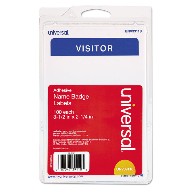 Visitor Self-Adhesive Name Badges, 3.5 x 2.25, White/Blue, 100/Pack