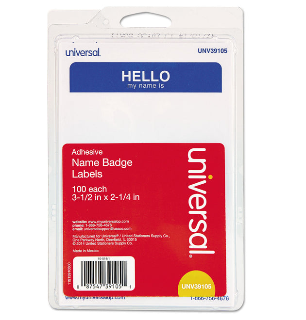 Hello Self-Adhesive Name Badges, 3.5 x 2.25, White/Blue, 100/Pack