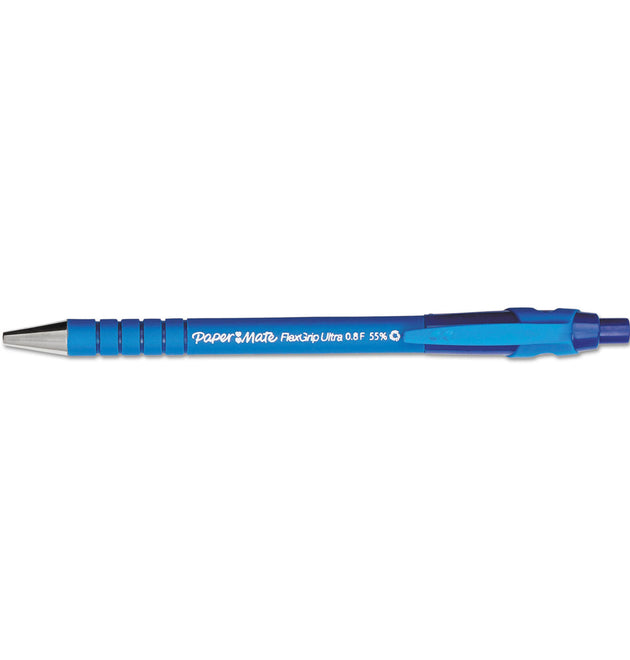 FlexGrip Ultra Recycled Ballpoint Pen, Retractable, Fine 0.8 mm, Blue Ink, Black/Blue Barrel, Dozen