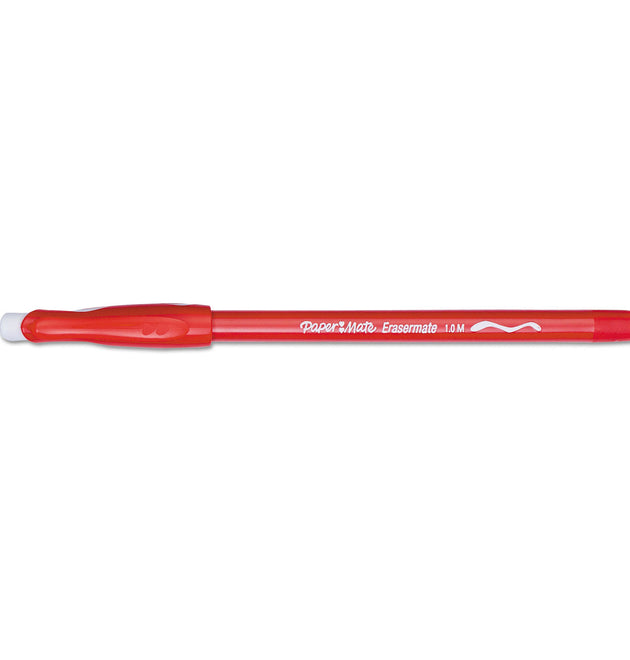 Eraser Mate Ballpoint Pen, Stick, Medium 1 mm, Red Ink, Red Barrel, Dozen