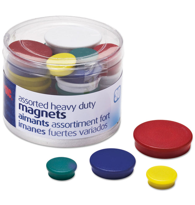 Assorted Heavy-Duty Magnets, Circles, Assorted Sizes and Colors, 30/Tub