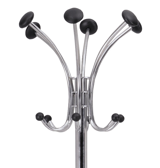 Chromy Coat Stand, 12 Knobs, 16w x 16d x 70.5h, Chrome/Black