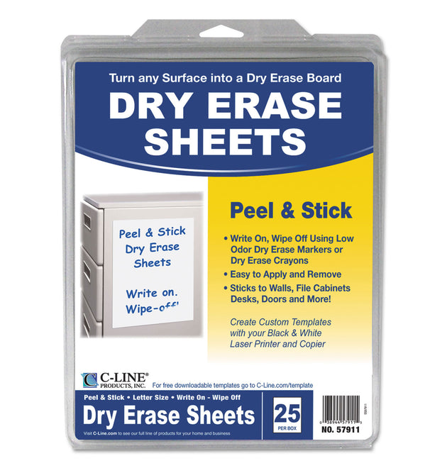 Self-Stick Dry Erase Sheets, 8.5 x 11, White Surface, 25/Box