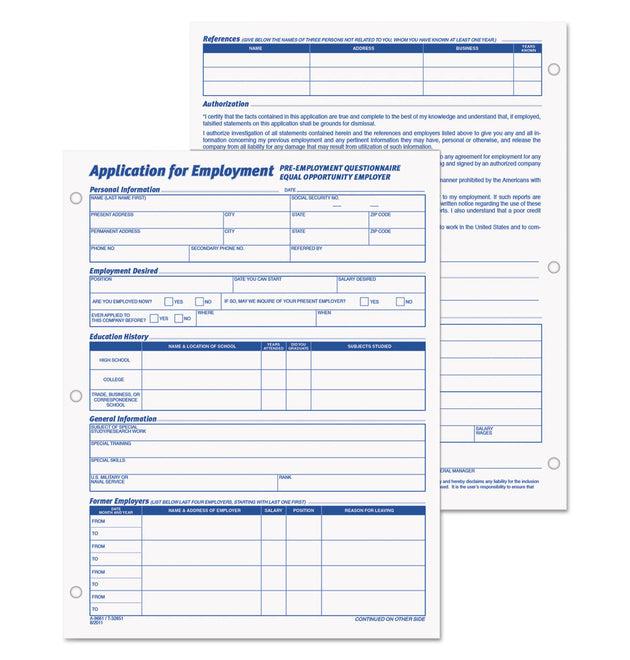 Employee Application Form, One-Part (No Copies), 11 x 8.38, 50 Forms/Pad, 2 Pads/Pack