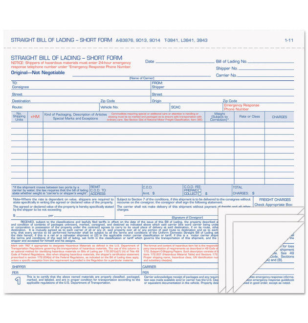 Hazardous Material Short Form, Four-Part Carbonless, 8.5 x 7, 50 Forms Total