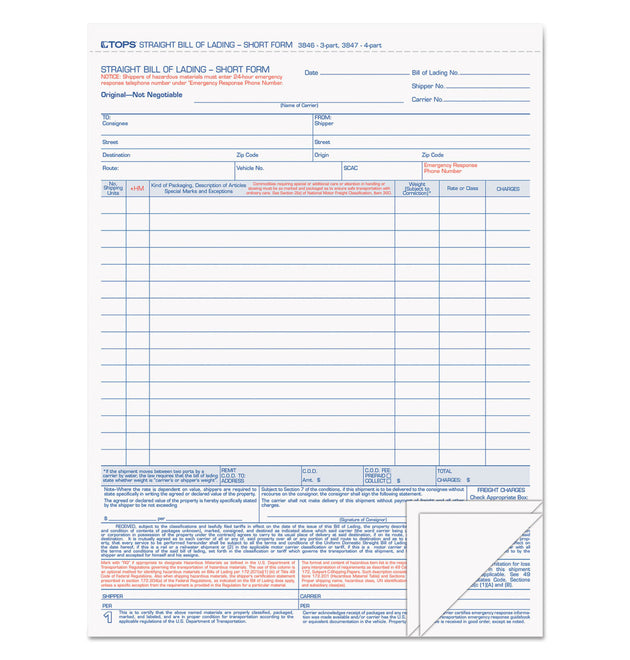 Bill of Lading, Three-Part Carbonless, 8.5 x 11, 50 Forms Total