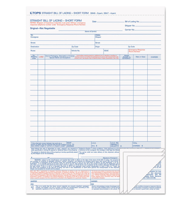 Bill of Lading, Four-Part Carbonless, 8.5 x 11, 50 Forms Total