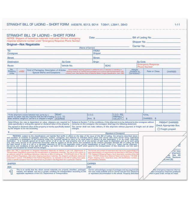 Hazardous Material Short Form, Three-Part Carbonless, 7 x 8.5, 50 Forms Total