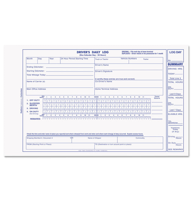 Driver's Daily Log Book, Two-Part Carbonless, 8.75 x 5.38, 31 Forms Total