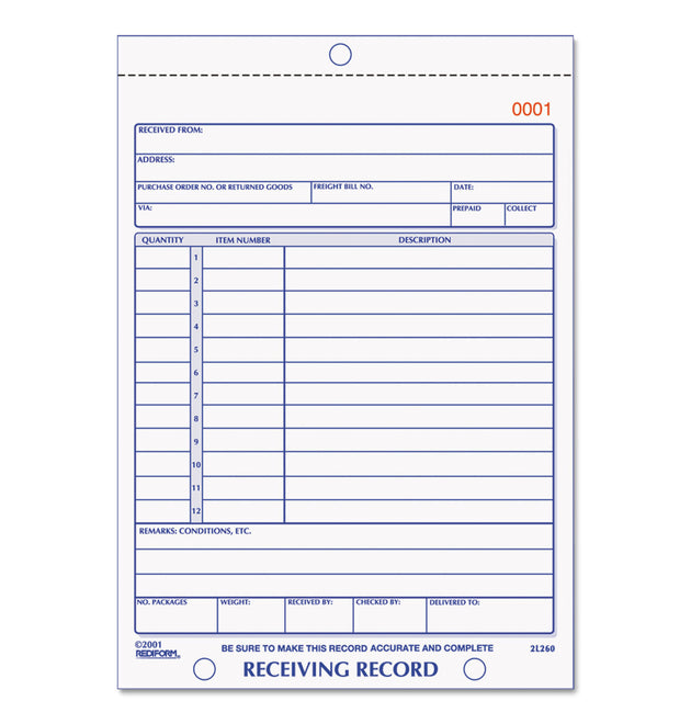 Receiving Record Book, Three-Part Carbonless, 5.56 x 7.94, 50 Forms Total