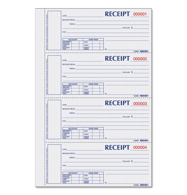 Durable Hardcover Numbered Money Receipt Book, Three-Part Carbonless, 6.88 x 2.75, 4 Forms/Sheet, 200 Forms Total