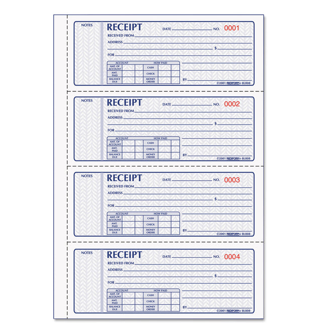 Money Receipt Book, FormGuard Cover, Three-Part Carbonless, 7 x 2.75, 4 Forms/Sheet, 100 Forms Total