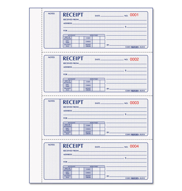 Money Receipt Book, Hardcover, Three-Part Carbonless, 7 x 2.75, 4 Forms/Sheet, 200 Forms Total