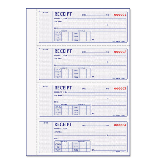 Receipt Book, Two-Part Carbonless, 7 x 2.75, 4 Forms/Sheet, 400 Forms Total