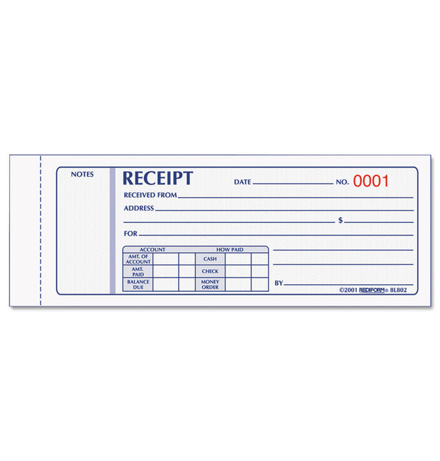 Receipt Book, Three-Part Carbonless, 7 x 2.75, 4 Forms/Sheet, 50 Forms Total