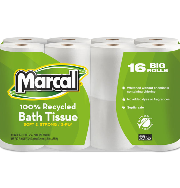 100% Recycled 2-Ply Bath Tissue, Septic Safe, White, 168 Sheets/Roll, 96 Rolls/Carton