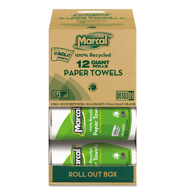 100% Premium Recycled Kitchen Roll Towels, Roll Out Box, 2-Ply, 11 x 5.5, White, 140 Sheets, 12 Rolls/Carton