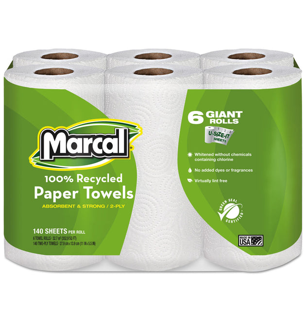 100% Premium Recycled Kitchen Roll Towels, 2-Ply, 11 x 5.5, White, 140/Roll, 6 Rolls/Pack