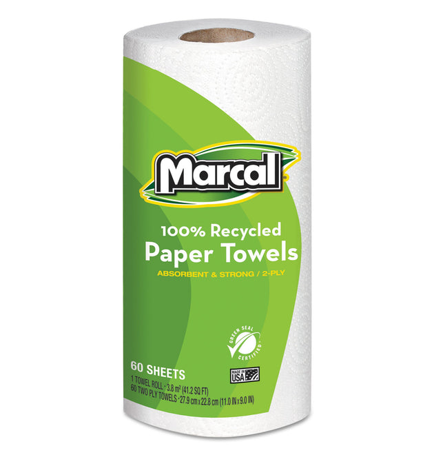 100% Premium Recycled Kitchen Roll Towels, 2-Ply, 11 x 9, White, 60 Sheets, 15 Rolls/Carton