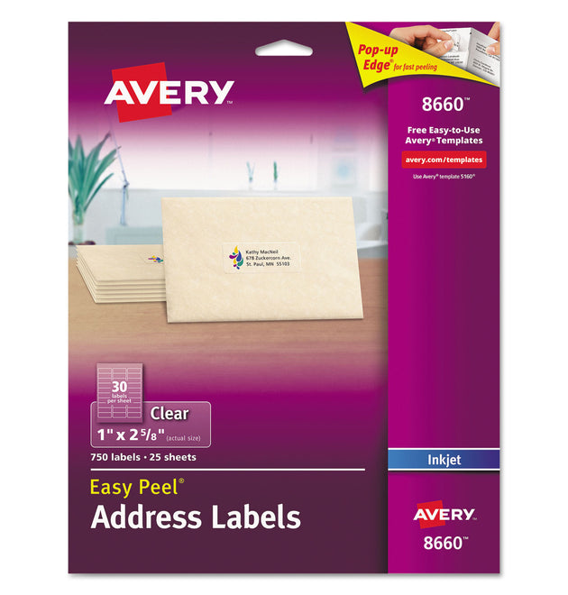 Matte Clear Easy Peel Mailing Labels w/ Sure Feed Technology, Inkjet Printers, 1 x 2.63, Clear, 30/Sheet, 25 Sheets/Pack