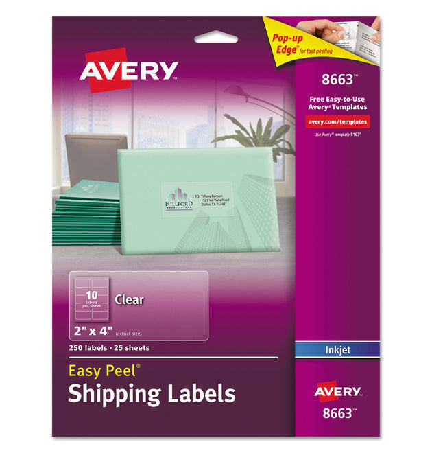 Matte Clear Easy Peel Mailing Labels w/ Sure Feed Technology, Inkjet Printers, 2 x 4, Clear, 10/Sheet, 25 Sheets/Pack