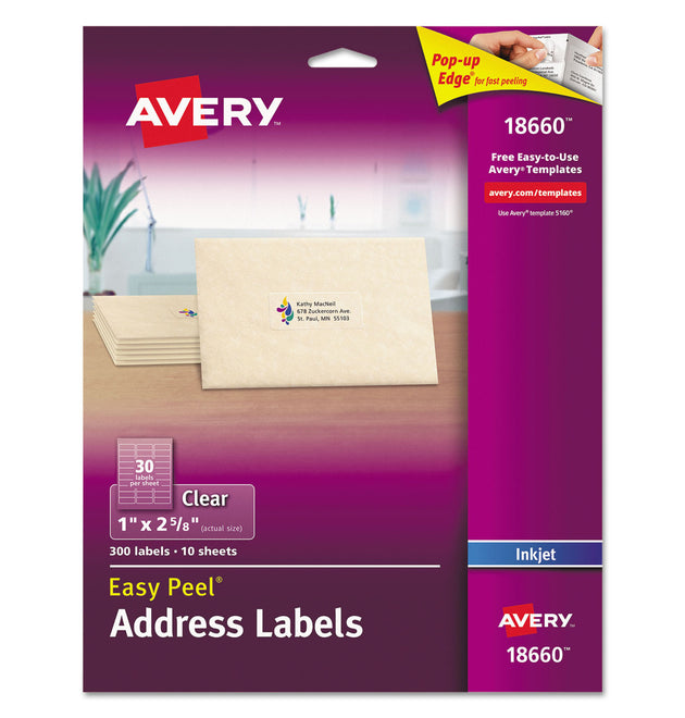 Matte Clear Easy Peel Mailing Labels w/ Sure Feed Technology, Inkjet Printers, 1 x 2.63, Clear, 30/Sheet, 10 Sheets/Pack