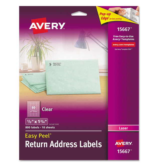 Matte Clear Easy Peel Mailing Labels w/ Sure Feed Technology, Laser Printers, 0.5 x 1.75, Clear, 80/Sheet, 10 Sheets/Pack