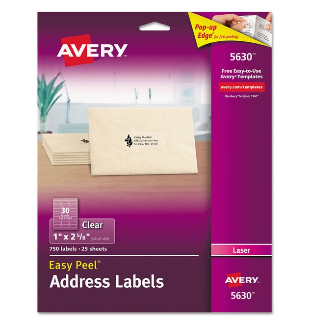 Matte Clear Easy Peel Mailing Labels w/ Sure Feed Technology, Laser Printers, 1 x 2.63, Clear, 30/Sheet, 25 Sheets/Box