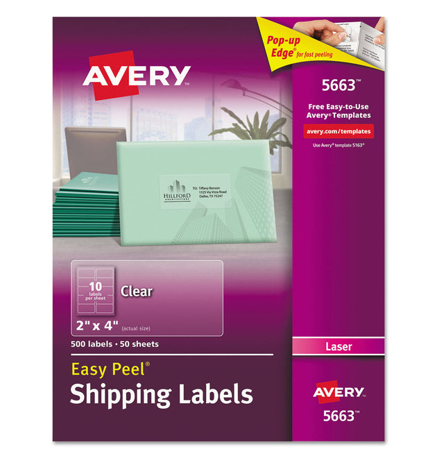 Matte Clear Easy Peel Mailing Labels w/ Sure Feed Technology, Laser Printers, 2 x 4, Clear, 10/Sheet, 50 Sheets/Box