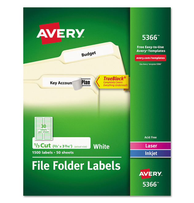 Permanent TrueBlock File Folder Labels with Sure Feed Technology, 0.66 x 3.44, White, 30/Sheet, 50 Sheets/Box